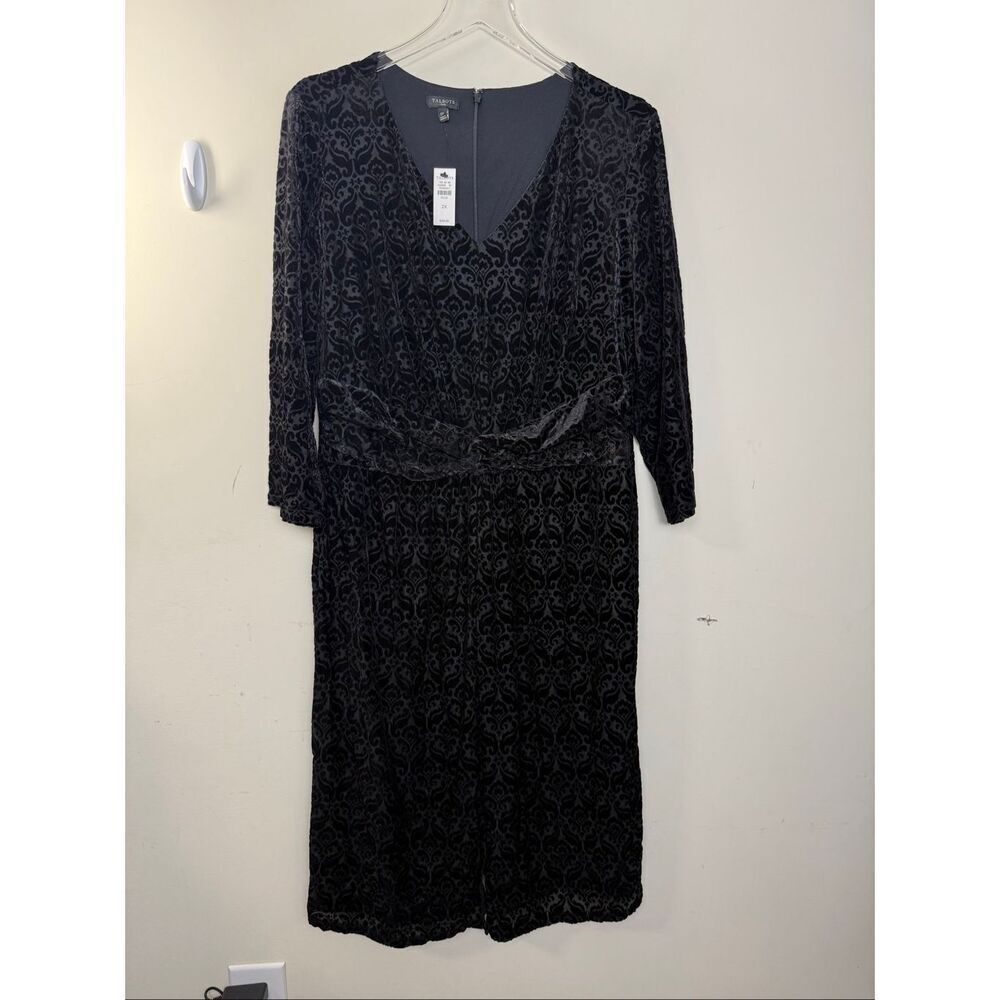 Talbots Black Velvet Burnout Dress NWT 2X Plus V Neck Tie Waist Midi Holiday Par